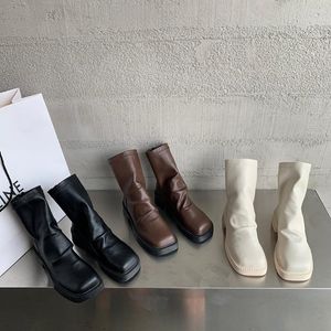 Stivali Punta quadrata Donna Caviglia 2022 Arrivi Scarpe elasticizzate Nero Marrone Beige Scarpe con tacco medio piatte Abito da sera