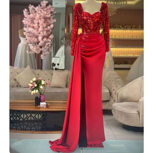 Mirror Red Sparkly Prom Long Sleeves V Neck D Lace Appliques Sequins Evening Dresses Satin Beaded Side Slit