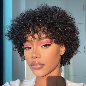 Bob Wig Pixie Cut Wig Kinky Curly Human Hair Wigs para mulheres Nenhum