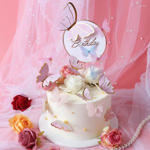Festive Supplies Pink Gold Butterfly Happy Birthday Cake Topper Wedding Bride Dessert Decoration For Party Lovely Gifts Baby Shower