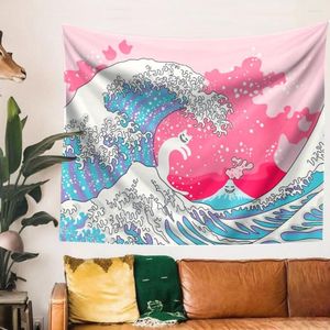 Taquestres fofos rosa kanagawa wave tapeçaria parede pendurada na sala de estar de arte japonesa quarto decoração de dormitório vintage