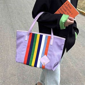 Bolsas que deslocam sling ombro único bolsa grande para mulheres lazer simples capacidade arco -íris listra canvas portátil bolsas de sacola