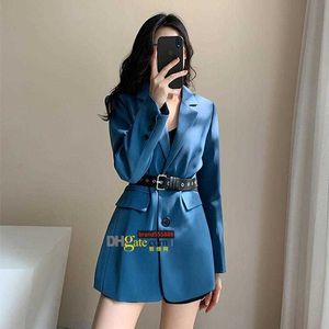 Kvinnors kostymer Blazers 2021 Autumn Casual Högkvalitativ temperament Small Suit Blue British Style Jacket Kvinna