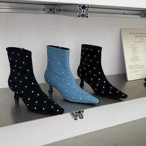 Botlar sivri uçlu kadın ayak bileği siyah mavi rhinestone tam tasarım ince orta topuk yan fermuar çorap beden 35-39 streç