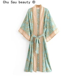 Selling Vintage Boho Floral Print Long Kimono Cardigan Summer Tops Belted Beachwear Vestido Blusas Mujer 220307