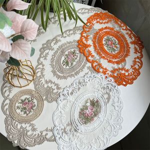 Retro French Style Cup Mats Multifunctional Doilies Handmade Embroidered Oval Lace Placemats for Tea Cups