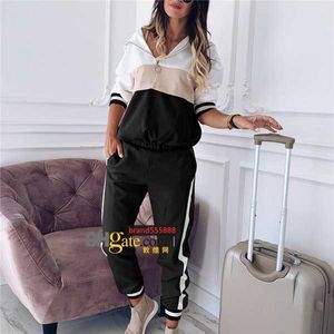 Womens Panelled Hooded Tracksuits Spring Autumn Casual Female Letter Printed Sports Set Fashion Ladies 2Pcs Outfit Clothes