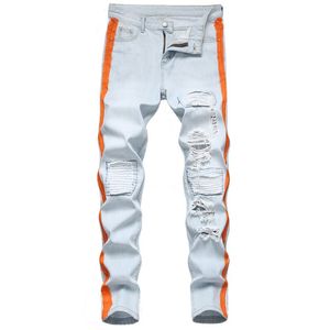 Light Color Fashion New Biker Jeans Men's Paint Hole Patch Pants Spring Summer Personalized Slim Fit Denim Trousers Size 29-42 Pantalones