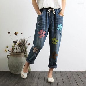 Jeans femminile femminile 2022 autunno estate donne in vita allacciato su pattern pazzo fiori ricamato plus size nove pantaloni