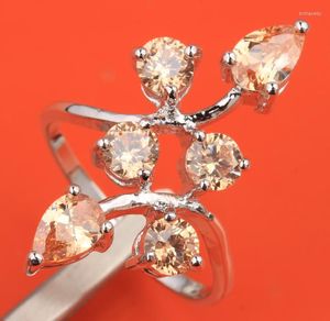 Bröllopsringar Pleasant Champagne Morganite Zircon Gems Silver Plated Argent Solitaire Ring Size 6/7 8 9 S0955