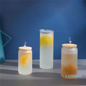 승화 블랭크 DIY 12oz 16oz 25oz Tumblers 유리 맥주 머그잔과 대나무 뚜껑 밀짚 블랭크 서리가있는 맑은 항아리 텀블러 머그