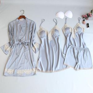 Women's Sleepwear MECHCITIZ Sexy Silk Satin Femme Robe Gown Set Summer Lace Nightdress Top Short 4 Pieces Bathrobe For Women