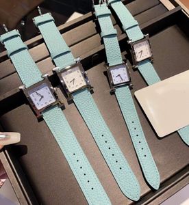 Vintage Geometric Square Bezel Quartz Wristwatch Sky Blue äkta Leather Watch Women Black Digital Sign Logo Heure Lady Watches Mother of Pearl Dial Clock 21mm 26mm