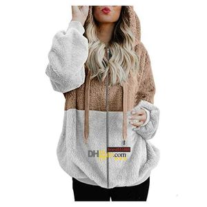 23s Women's Jackets Womens Bicolor Spliced Plush Coat Pocket Ladies Fashion Hooded Jacket With Zipper Winter Warm Outwear Clothes Veste Fem