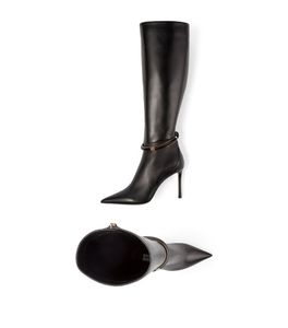 22S Winter Seksowne buty dla kobiet długie but czarne kroki skórzaki Dreece 95 mm skórzane buty do kolan luksusowy projektant marki cienki styl 35-43 z pudełkiem