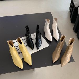 Boots Pointed Toe Women Ankle Stretch Shoes Sock Booties Black Beige Yellow White Sewing Design Back Zipper Thin Low Heels Pumps