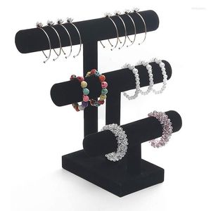 Ювелирные мешочки 3 уровня Tier T-Bar Bracelet Display Stand Stand Bangle Organizer держатель хранилища бархата Black