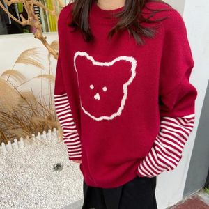 Women's Knits Cute Bear Sweater With Black White Striped Sleeve Soft Knit Cozy Jumper Pullovers Women VSCO Girl Aesthetic Clothes