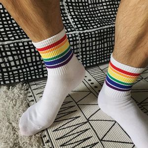 Men's Socks Fashionable Mid-Calf Rainbow Striped Sports Moisture Absorption Breathable Short Personalized Hip Hop Skate