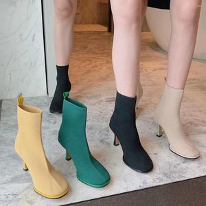 St￶vlar Kvinnor Sock Booties Knitting Round Toe High Heels Yellow/Green/Black/Beige Stretch Autumn Winter Shoes 39