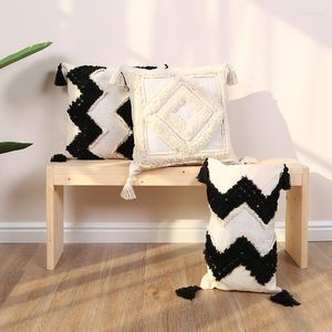 Kudde svart vit marockansk broderi täcker grå boho etnisk med tofsar 45x45 cm hem dekorativ soffa
