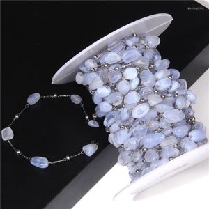 Beads 50-100cm Natural Aquamarine Stone Stainless Steel Chain Irregular Reiki Bead Chains For DIY Earring Rings