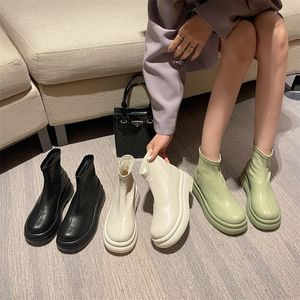 Boots Round Toe Women Ankle Fashion Sock Slip On Elastic Stretch Shoes Woman Flat Platform Green White Black 35-39