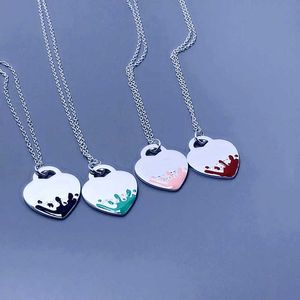 Women Classic Fashion S925 Sterling Silver Blue Pink Black Splash Enamel Heart-Shaped Necklace Luxury Brand Jewelry Gift