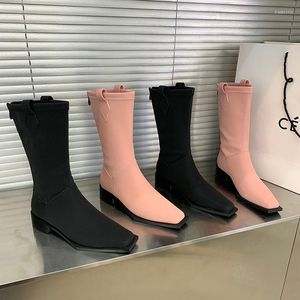 Boots Fashion Women Mid Calf Black Pink Solid Color Flat Low Heels Slip On Winter Autumn Ladies Botas Square Toe Ankle 39