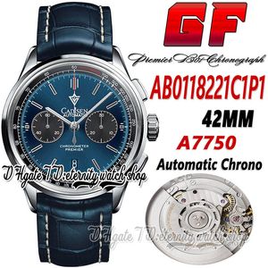 GF V2 Premier B01 Mens Watch A7750 Cronografo automatico gffAB0118221C1P1 Quadrante blu Cassa in acciaio inossidabile Cinturino in pelle Super Edition eternity Cronometro Orologi