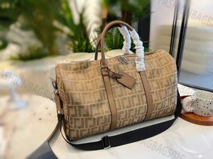 Luxur Designer Duffel Bag 7VA496 Stor kapacitet utomhus resande totes bagagepåsar monogram brun duk bokstav f tryck svart läder remmen 45 cm