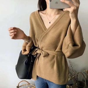 Women's Knits Women's & Tees Loose Autumn Winter Sweater Women Cardigans Solid Color V-neck Long Sleeve Female Sweaters Waist Belt Warm