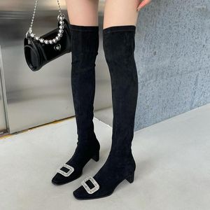 Boots Over The Knee For Woman Square Toe Sock Booties Slip On Thick High Heels Rhinestone Crystal Buckle Design Party Dress Shoe