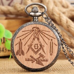 Pocket Watches Quartz Watch Necklace Wood Cover Carving Freemasonry Retro Pendant Clock Gifts For Men Reloj de Bolsillo