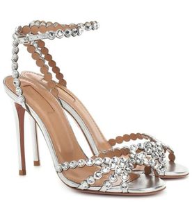 Letnie marki Aquazzu Tequila skórzane sandały buty damskie Strappy kryształowe szpilki Lady Gladiator Sandalias wesele dla nowożeńców EU35-43