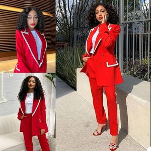 Women's Two Piece Pants Red & White Women Suits Peaked Lapel Loose Pocket Blazer Pencil Young Girl Fashion Casual Jacket 2 Pieces Set