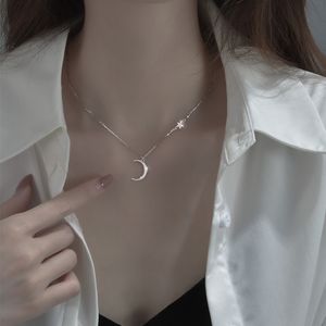 925 Chain Sterling Silver Moon Pendant Necklace Woman Simple ClaVicle Chain Shiny Zircon Collar Gift For Girls Exquisite Jewelry