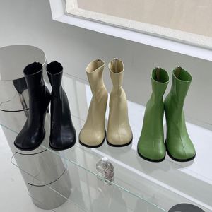 Boots Round Toe Women Ankle 2022 Arrivals Fashion Dress Shoes Thin High Heels Black Yellow Green Back Zipper Winter Booties