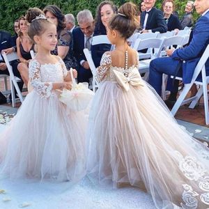 Lace Flower Girl Dress Bows Childrens First Communion Dress Princess Tulle Ball Gown Wedding Party Gowns FS9780