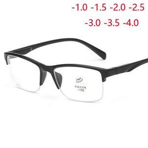 Óculos de sol Anti -azuis Raios Half Rim se aproxima de óculos terminados Literário Retro Square Myonettes Diopture Eyewear -1,0 -1,5 a -4,0