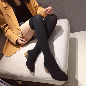 Boots Fashion Women Over The Knee Round Toe Wooden Mid Heels Slim Slip On Knitting Woman Black Shoes Winter Casual
