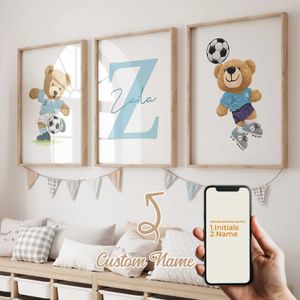  Y251224 Teddy Bear Football Wall Art Prints - 3pcs Custom Name Canvas Posters for Living Room Bedroom Home Decor