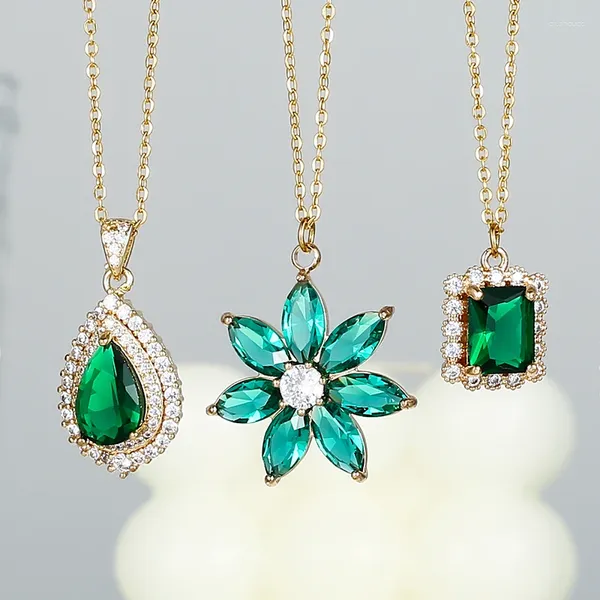 Anhänger Halsketten Klassische Geometrische Wassertropfen Blume Halskette Für Frauen Schlüsselbein Kette Luxus Retro Quadrat Smaragd Zirkon Modeschmuck