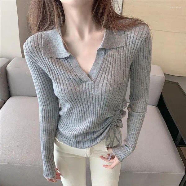 Maglioni da donna Autunno Inverno Donna Polo a maniche lunghe Tinta unita Sexy scollo a V Fondo stretto Camicia femminile Pigro Coulisse Top in maglia