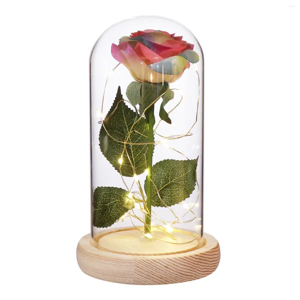 Flores decorativas casa led flor eterna mãe decorações para casa rosa lâmpada madeira forma de vidro