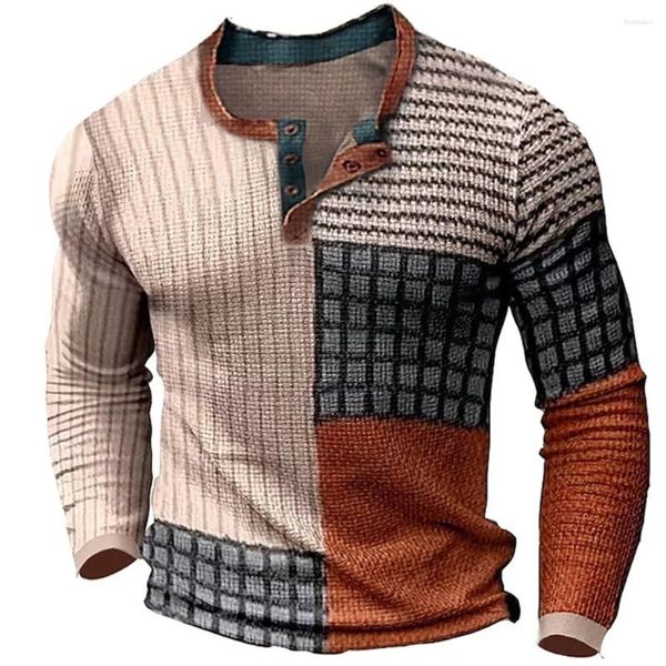 Magliette da uomo Camicia in cotone Stampa grafica a blocchi di colore Henley Abbigliamento oversize Outdoor Casual Manica lunga Abbigliamento abbottonato