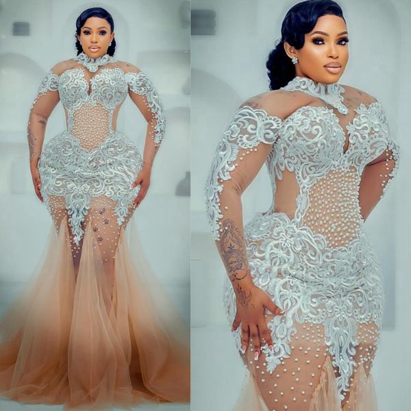 Afrikanisches Arabisch Plus Size Aso Ebi Brautkleider Illusion Meerjungfrau Stehkragen Lange Ärmel Spitze Plissee abgestufte Brautkleider für schwarze Frauen Perlen Hochzeitskleid D103