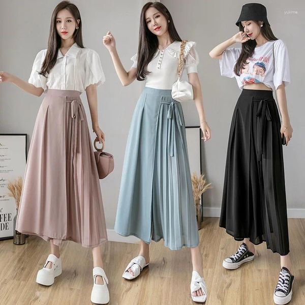 Calças femininas chiffon calças primavera verão solto casual plissado calça coreano moda sólida cor saia roupas moletom