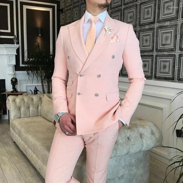 Ternos masculinos rosa formal para homens blazer duplo breasted plana lapela alta sob medida solto 2 peça jaqueta calças roupas de luxo balzer