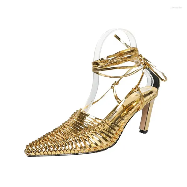 Sandálias de salto alto oco para fora tecer tornozelo cinta ouro prata festa de casamento moda slim fit sapatos femininos grandes 34-43
